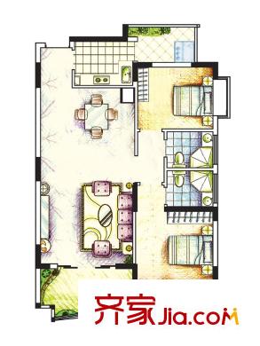 星暉疊翠新城戶型圖2房2廳2衛(wèi)1廚 2室