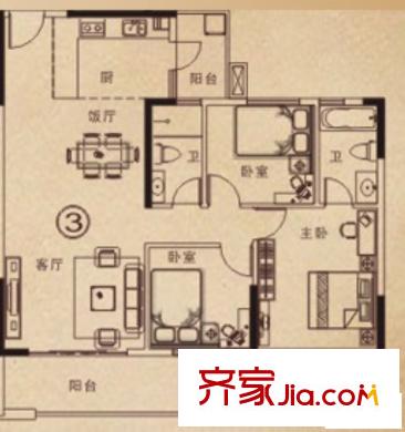東圣維拉3座03/04戶型建面約115平方米 3室2廳2衛(wèi)1廚