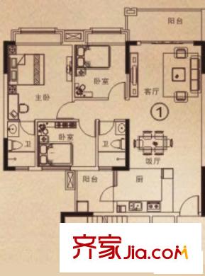 東圣維拉05座3-14層1號戶型 3室2廳2衛(wèi)1廚