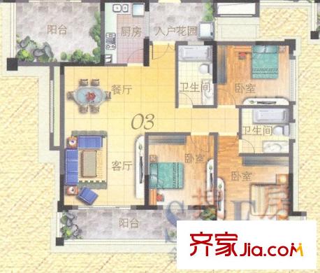 凰樵圣堡39座2-15層03戶型121平方米 3室2廳2衛(wèi)1廚