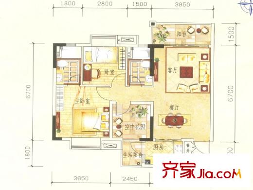 北湖麗都1座01/02戶型89平方米 3室2廳2衛(wèi)1廚