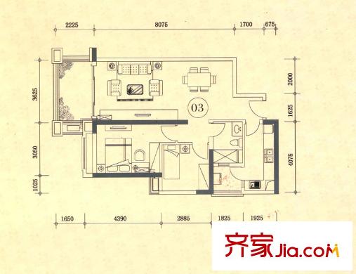 佛奧灣1座03單位 2室2廳1衛(wèi)1廚