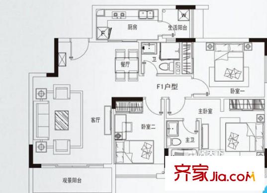 利海尖東半島戶型圖3室2廳戶型圖 3室2廳2衛(wèi)1廚