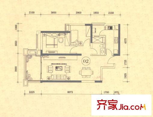 佛奧灣1座02單位 2室2廳1衛(wèi)1廚