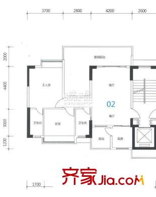 時(shí)代名軒戶型圖11座2-11層平面圖02單位100m2 2室2廳2衛(wèi)1廚