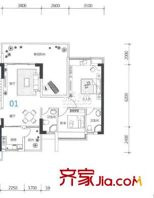 時(shí)代名軒戶型圖11座2-11層平面圖01單位89m2 2室2廳2衛(wèi)1廚