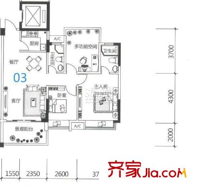 時(shí)代名軒戶型圖08座3-17層平面圖03單位91m2 3室2廳2衛(wèi)1廚