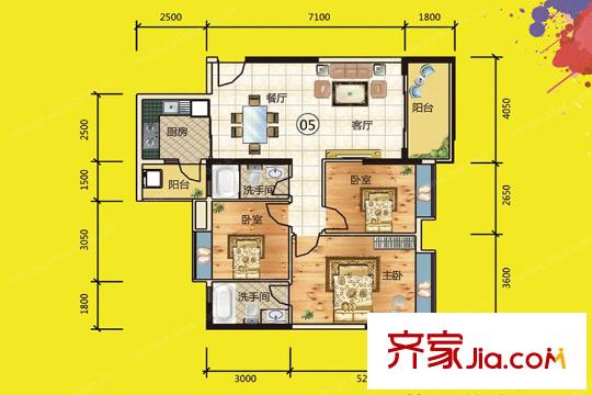 西山上筑11棟05戶型約101平方米 3室2廳2衛(wèi)1廚