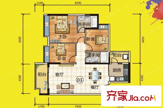 西山上筑11棟03戶型約102平方米 3室2廳2衛(wèi)1廚