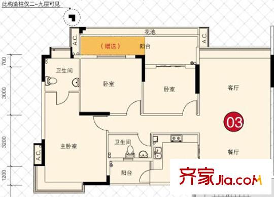 理想家園戶型圖怡康閣(9棟)偶數(shù)層03單元126平米 3室2廳2衛(wèi)