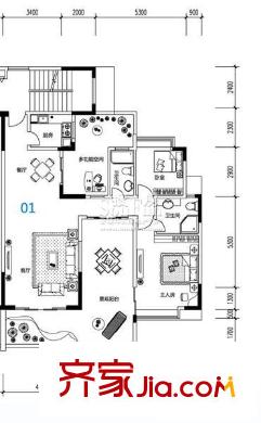 時(shí)代名軒戶型圖洋房戶型圖3座01單位 3室2廳2衛(wèi)1廚
