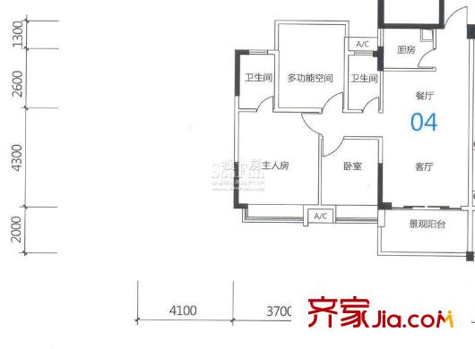 時(shí)代名軒戶型圖08座3-17層平面圖04單位91m2 3室2廳2衛(wèi)1廚