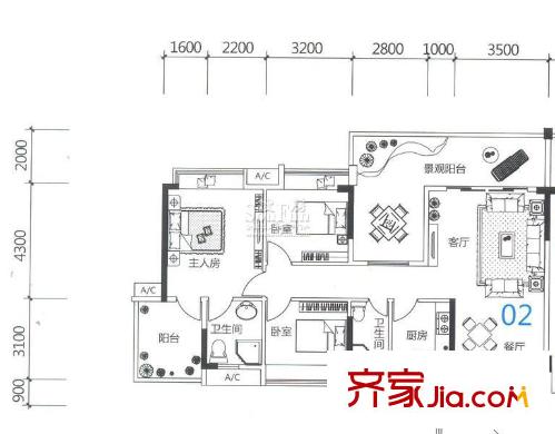 時(shí)代名軒戶型圖08座3-17層平面圖02單位123m2 3室2廳2衛(wèi)1廚