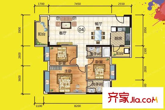 西山上筑11棟04戶型約104平方米 3室2廳1衛(wèi)1廚