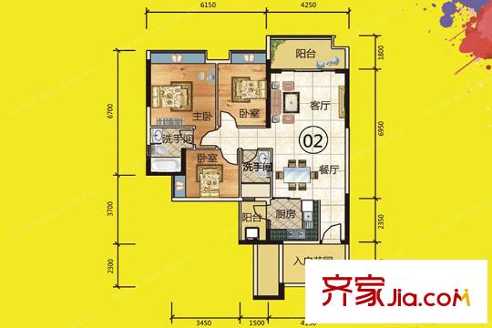 西山上筑11棟02戶型約106平方米 3室2廳2衛(wèi)1廚