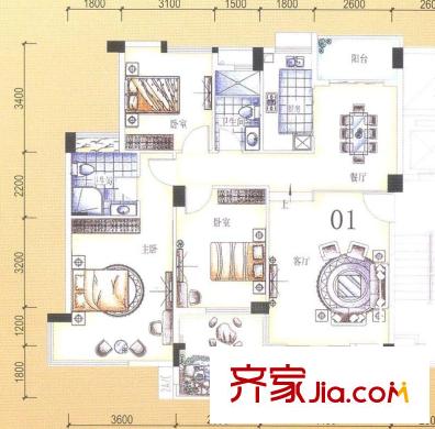 海逸錦繡桃園戶型圖9棟01單元 3室2廳2衛(wèi)1廚