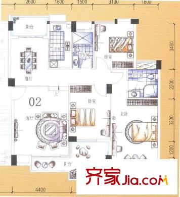 海逸錦繡桃園戶型圖9棟02單元 3室2廳2衛(wèi)1廚