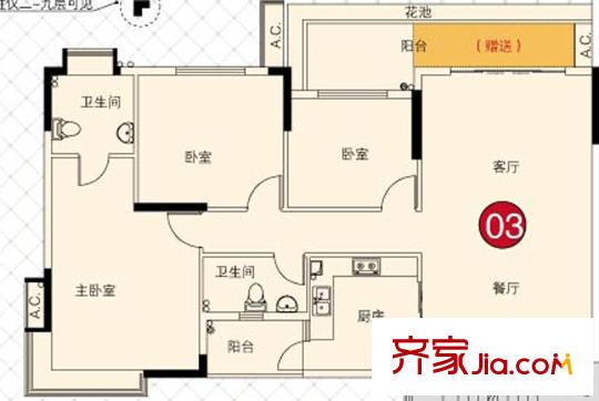 理想家園戶型圖怡康閣(9棟)奇數(shù)層03單元 3室2廳2衛(wèi)
