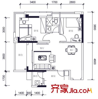 怡翠世嘉花園11座04單元 2室2廳1衛(wèi)1廚