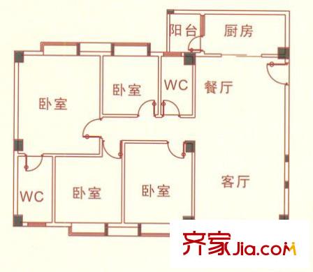 威斯廣場戶型圖123平方米戶型 4室2廳2衛(wèi)1廚
