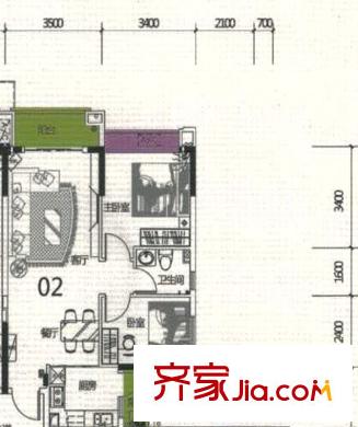 中恒海暉城42棟02戶型74.29平方米 2室2廳1衛(wèi)1廚