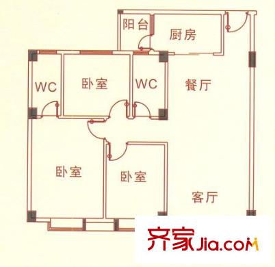 威斯廣場戶型圖109平方米戶型 3室2廳2衛(wèi)1廚