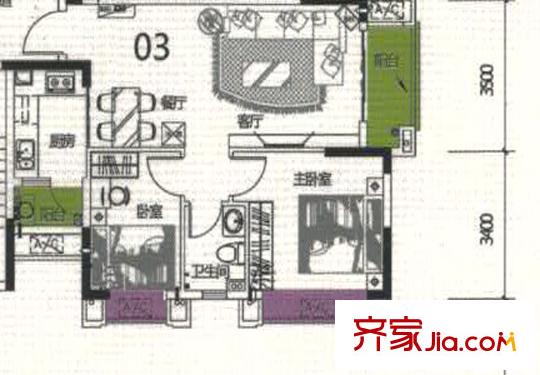 中恒海暉城42棟03戶型71.91平方米 2室2廳1衛(wèi)1廚