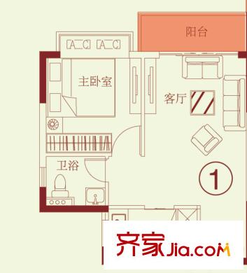 中恒海暉城43棟01戶型48平方米 1室1廳1衛(wèi)1廚