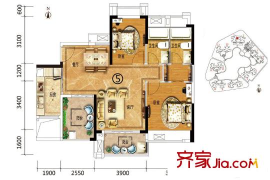 恒福天悅花園1/2座05戶(hù)型 約97.2平方米 3室2廳2衛(wèi)1廚