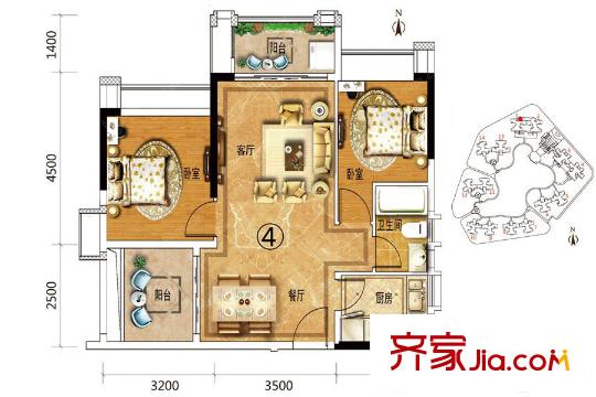 恒福天悅花園1/2座04戶型 約78.8平方米 3室2廳1衛(wèi)1廚