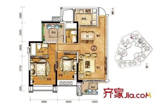 恒福天悅花園1/2座02戶(hù)型 約110平方米 3室2廳2衛(wèi)1廚