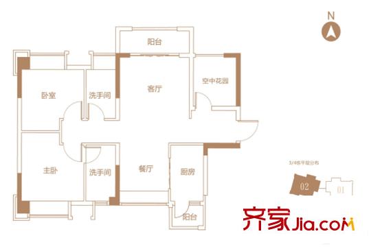 中國鐵建國際公館3、4棟02戶型 約89.57平方米 3室2廳2衛(wèi)1廚