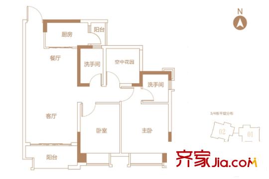 中國鐵建國際公館3、4棟04戶型 約89.57平方米 3室2廳2衛(wèi)1廚