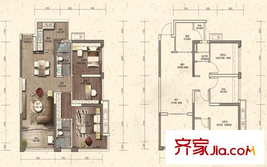 三盛頤景園A戶型90平方米 3室2廳2衛(wèi)1廚