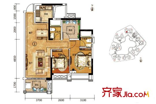 恒福天悅花園1/2座01戶型 約89.5平方米 3室2廳2衛(wèi)1廚