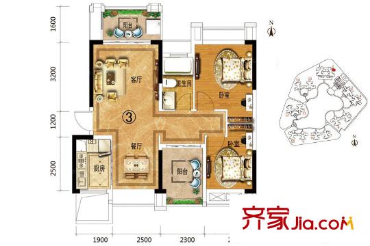 恒福天悅花園2座03戶型 約79平方米 3室2廳2衛(wèi)1廚