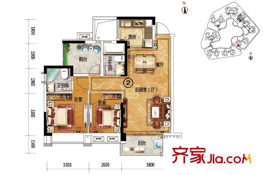 恒福天悅花園6座02單位約89平方米 3室2廳2衛(wèi)1廚