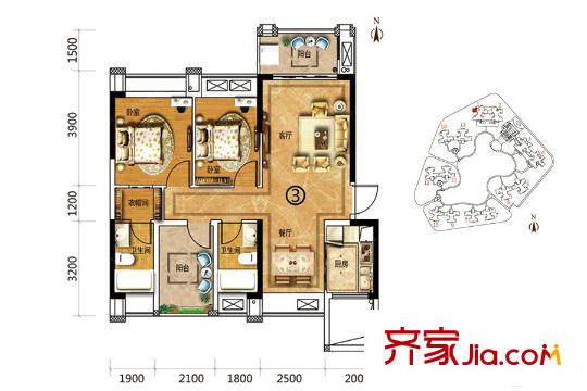恒福天悅花園1座03戶型 約89平方米 3室2廳2衛(wèi)1廚