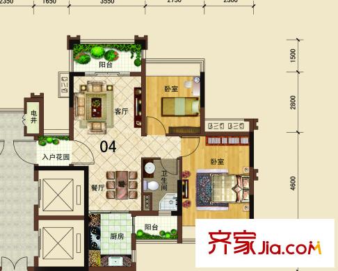 碧桂園?華府（大瀝）1座04戶型75.64平方米 2室2廳1衛(wèi)1廚