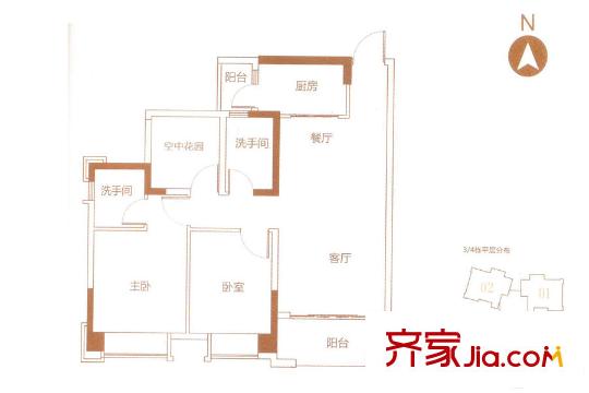 中國鐵建國際公館3、4棟03戶型約89.57平方米 3室2廳2衛(wèi)1廚