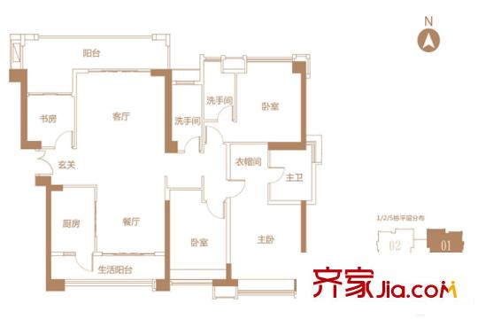 中國鐵建國際公館1、2、5棟01戶型 約183平方米 4室2廳3衛(wèi)1廚
