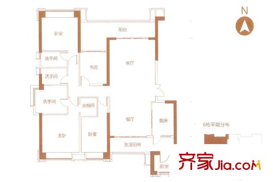 中國鐵建國際公館6棟01戶型約222平方米 4室2廳3衛(wèi)1廚
