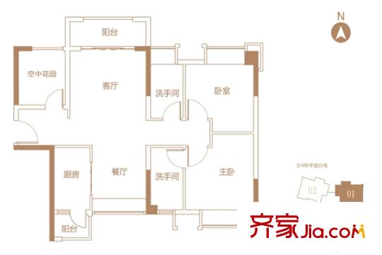 中國鐵建國際公館3、4棟01戶型 約89.57平方米 3室2廳2衛(wèi)1廚