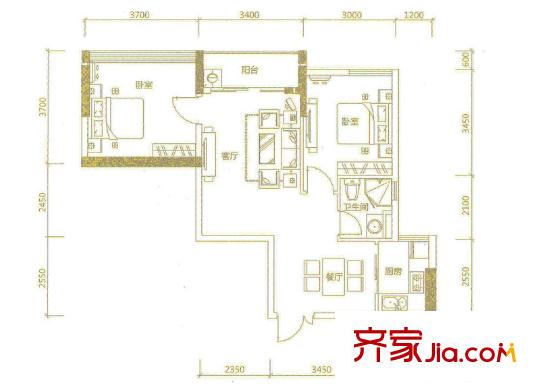 信基廣場(chǎng)3號(hào)樓C戶型 80平方米 2室2廳1衛(wèi)1廚