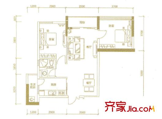 信基廣場(chǎng)3號(hào)樓B戶型 86平方米 2室2廳1衛(wèi)1廚