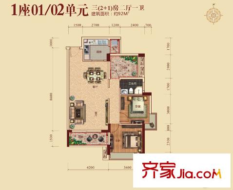 凱業(yè)名都1座01/02單元 92平方米 3室2廳1衛(wèi)1廚