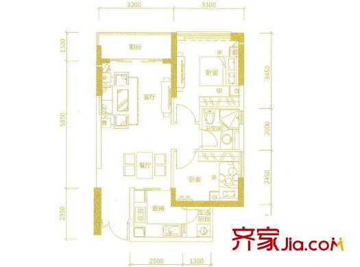 信基廣場(chǎng)3號(hào)樓D戶型 71平方米 2室2廳1衛(wèi)1廚