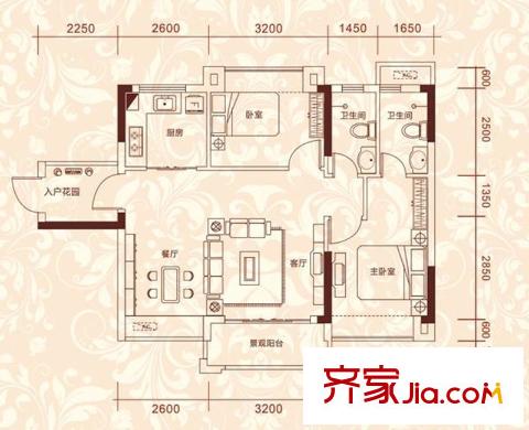 金莎華府5座02/6座01戶型76平方米 2室2廳2衛(wèi)1廚