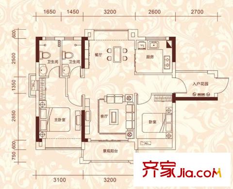 金莎華府5座01/6座02戶型76平方米 2室2廳2衛(wèi)1廚