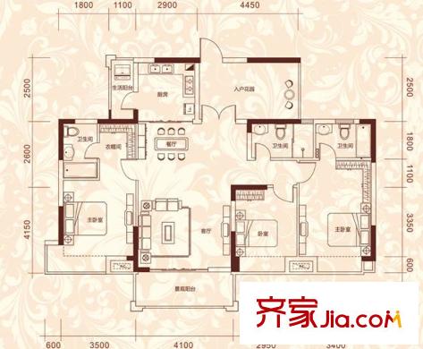 金莎華府3/4座03戶型132平方米 3室2廳3衛(wèi)1廚